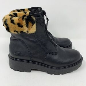 UGG CZERIESA Combat  Black Leopard Faux Fur Boots Size 7.5